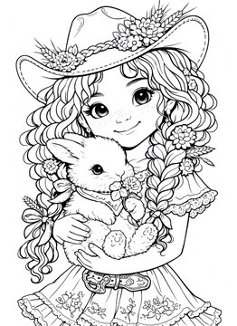 Adorable cartoon girl holding a sweet rabbit with floral accents in elegant line art. Great for preschool activities, coloring books, craft projects, and worksheets.