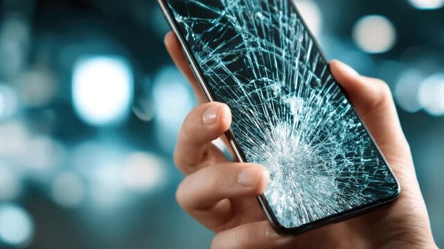 A close-up of a hand holding a broken smartphone. The screen glass is covered in a web of cracks with a single impact point at the center. Concept for gadget repair, warranty claims, and insurance