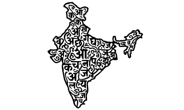 Black and white outline map of India filled with Devanagari Hindi alphabet letters, a creative typographic vector illustration perfect for Hindi Diwas, national language awareness, and cultural design
