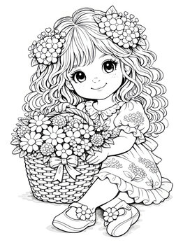 Adorable cartoon girl with curly hair and a flower basket in elegant black and white line art. Great for preschool activities, coloring books, and craft projects.