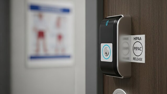 Modern digital door lock with key access and information badge, mounted on wood door