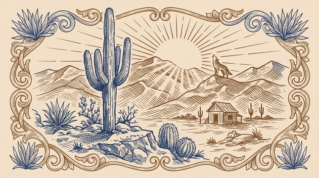 Engraved illustration of desert scene with cactus and mountains in clear view at sunset