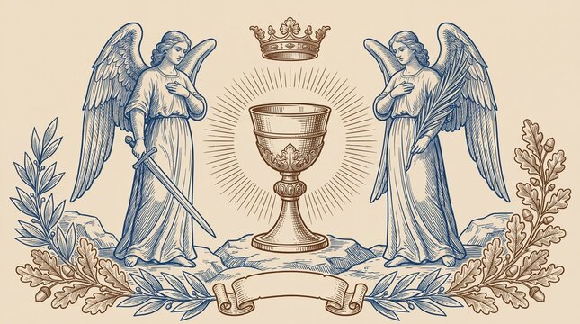 Premium engraved illustration of two angels beside a chalice with a crown above
