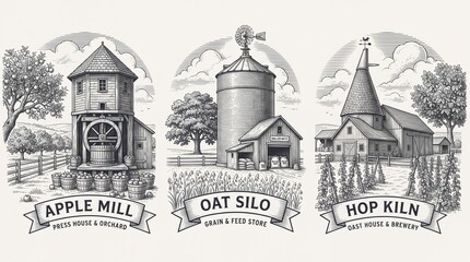 Obraz premium Premium engraved illustration of an apple mill, oat silo, and hop kiln in a rural setting