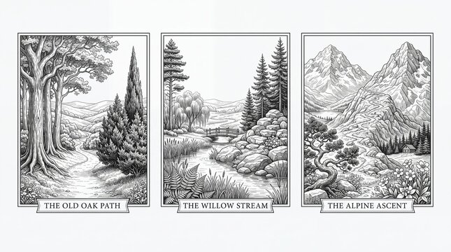 Engraved landscapes showing natural scenes with trees, water, and mountains