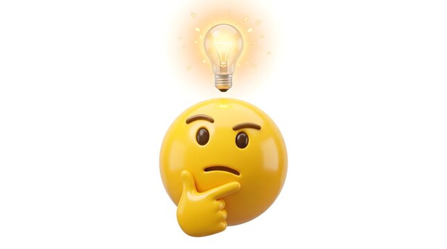 Thinking yellow emoji character with a bright glowing lightbulb floating above its head representing a brilliant new creative idea