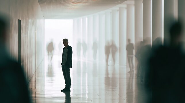 single adult standing alone in a long minimal corridor, distant blurred silhouettes, social disconnection concept