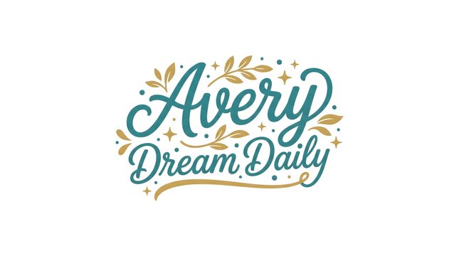 Avery dream daily cursive typography lettering design featuring decorative gold leaves and elegant teal swirls on a clean white background