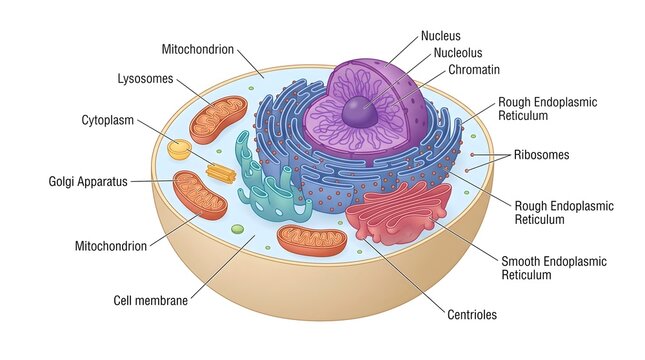 Detailed biological diagram showing various organelles inside an animal cell for educational purposes in a scientific textbook or classroom setting