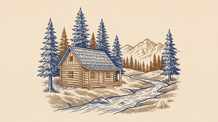Obraz premium Engraved illustration of a cabin by a river in the mountains surrounded by tall trees