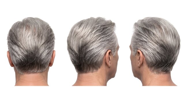 Gray hair showing back and side profile views of mature male model isolated on white background with realistic lighting details