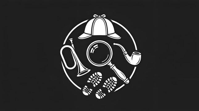 Detective Equipment  Icon Set with Deerstalker Hat, Magnifying Glass, Pipe, Bugle, and Footprints