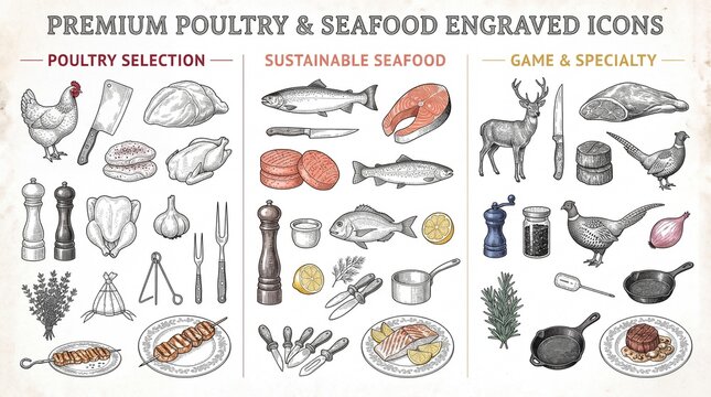 Engraved icons of poultry, seafood, game, and specialty items for culinary use