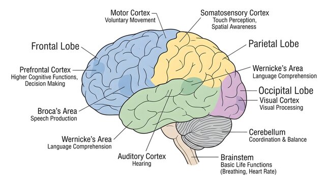 Human brain anatomy diagram showing colored sections of lobes and major functional areas labeled for scientific study and medical education