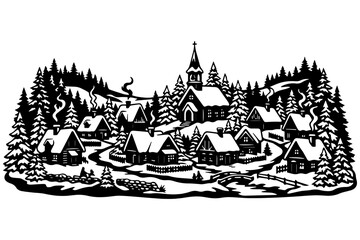 Fototapeta premium Winter village scene with church and snow covered houses surrounded by pine forest trees.