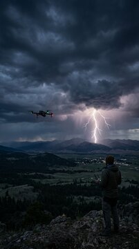 Professional Drone Pilot Capturing Dramatic Lightning Strike Over Mountain Landscape at Night