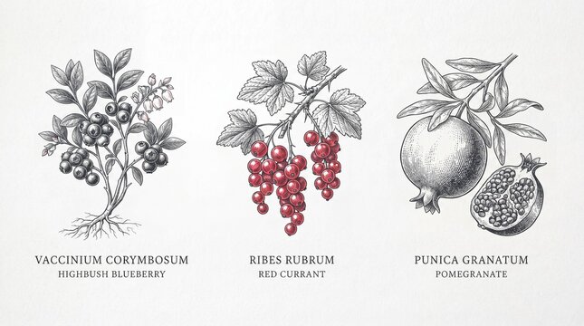 Engraved illustration of blueberry, red currant, and pomegranate with plant names