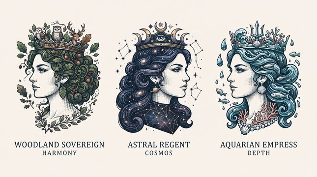 Premium engraved illustration of three women representing nature, cosmos, and water