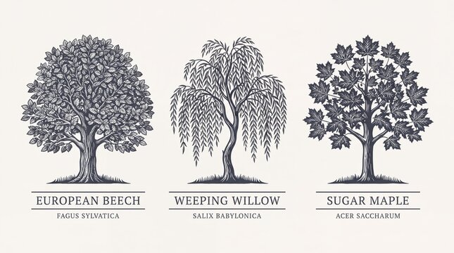 Engraved illustration of three types of trees with names and scientific classifications