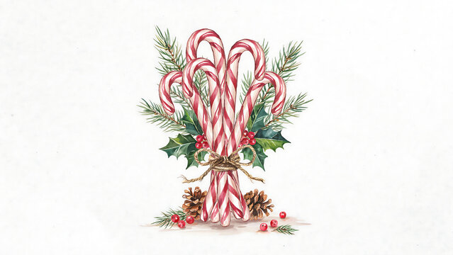 Watercolor candy canes with pine branches and holly berries isolated on a transparent background