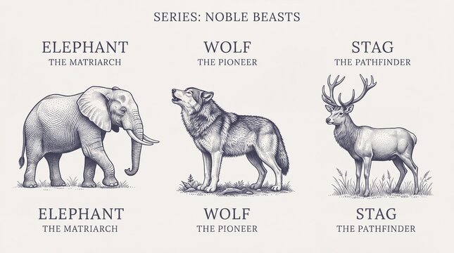 Noble beasts series showcasing elephant, wolf, and stag with brief descriptions of each animal's role in nature