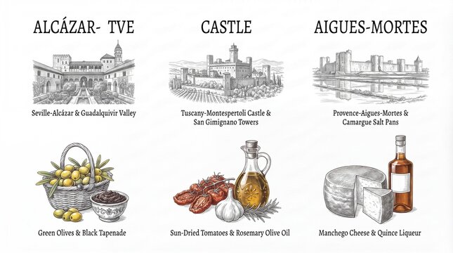 Engraved illustration showing famous locations and local products from Spain and France