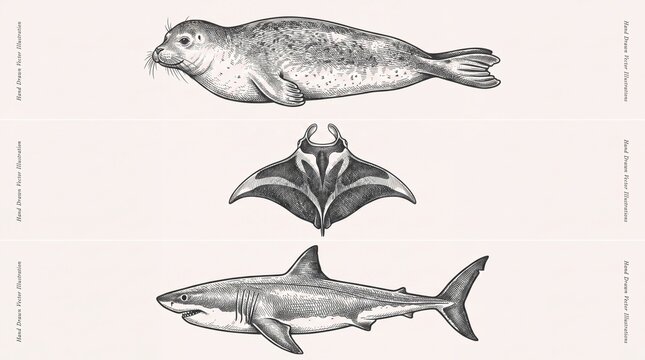 Engraved illustration of a seal, manta ray, and shark in black and white on a transparent background