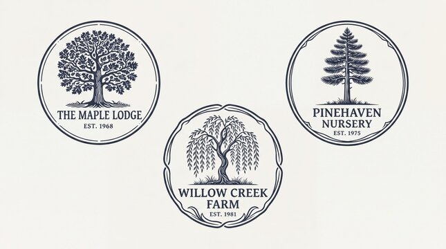 Engraved illustrations of tree logos from various farms and nurseries in simple black and white design