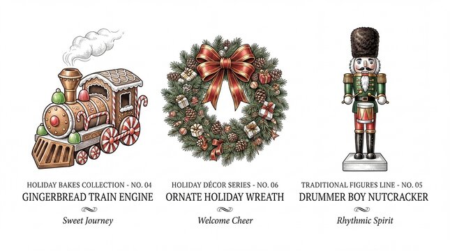 Engraved illustration showing holiday themed items including a train, wreath, and nutcracker