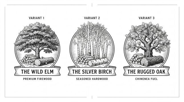 Engraved illustrations of three types of firewood with labels for wild elm, silver birch, and rugged oak
