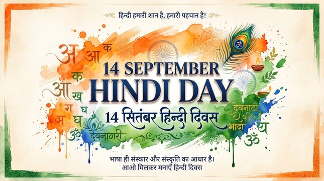 14 September Hindi Diwas Watercolor Poster Vector Template