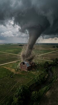 Powerful Tornado Destroying Rural Red Barn in a Green Field Under Dark Dramatic Stormy Sky