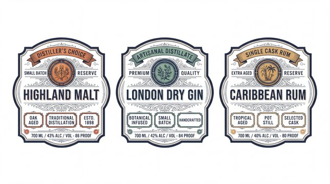 Premium engraved labels for Highland Malt, London Dry Gin, and Caribbean Rum from a small distillery in a vintage style