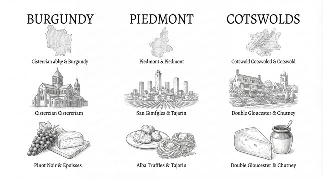 Engraved illustration featuring wine regions Burgundy, Piedmont, and Cotswolds with food items and landmarks