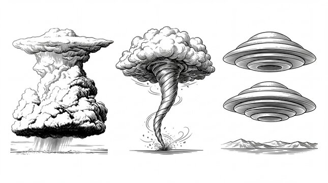 Engraved illustration of clouds and UFOs with different styles and designs