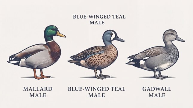 Engraved illustration showing male ducks including mallard, blue-winged teal, and gadwall