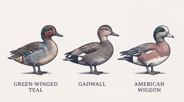 Engraved illustration of green-winged teal, gadwall, and american wigeon on a white background