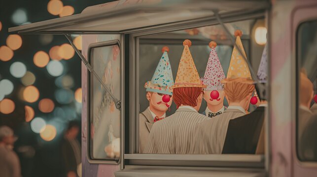 street food truck painted in neutral colors, but all customers wear formal suits with big colorful party hats and clown noses