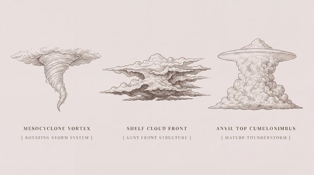 Engraved illustration showing weather phenomena including mesocyclone vortex, shelf cloud front, and anvil top cumulonimbus
