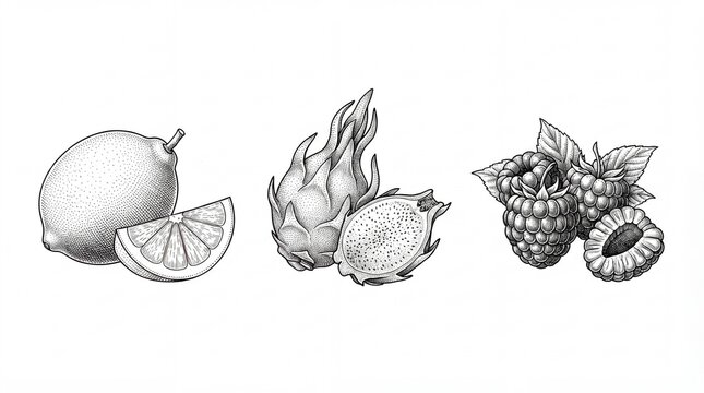 Engraved illustration of various fruits with clear details and fine lines on a transparent background