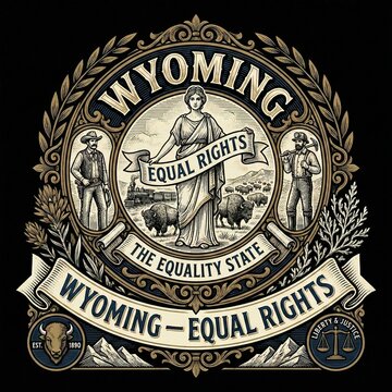 Engraved emblem of Wyoming state showcasing equality and justice symbols in vintage style