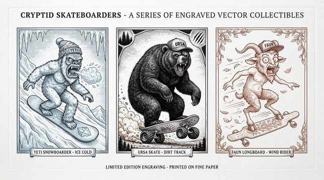 Cryptid skateboarders series featuring yeti, bear, and faun in art