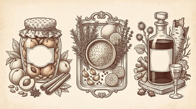 Engraved illustration featuring preserved fruits, herbs, and bottles arranged in a detailed design