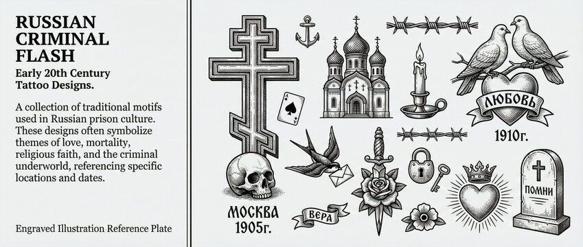 Russian criminal flash designs from early 20th century tattoo culture