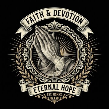 Engraved illustration with praying hands symbolizing faith and hope in a vintage style