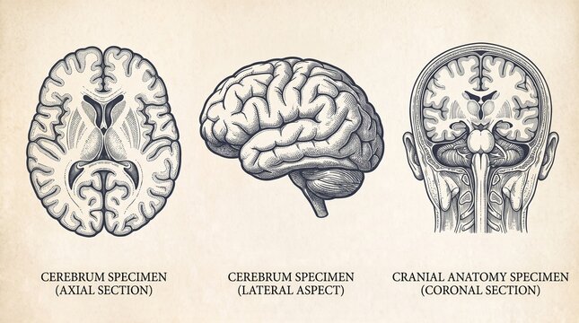 Engraved illustration of cerebrum and cranial anatomy specimens showing axial, lateral, and coronal sections