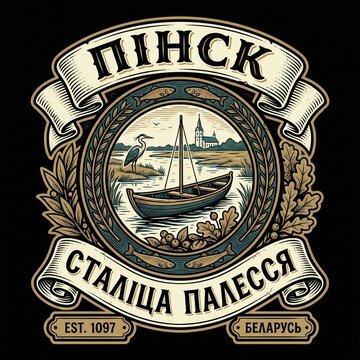 Engraved illustration of a boat scene with a stork near Pinsk in Belarus