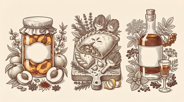 Premium engraved illustration of preserved fruits, a savory pie, and a bottle of liquor with herbs and spices