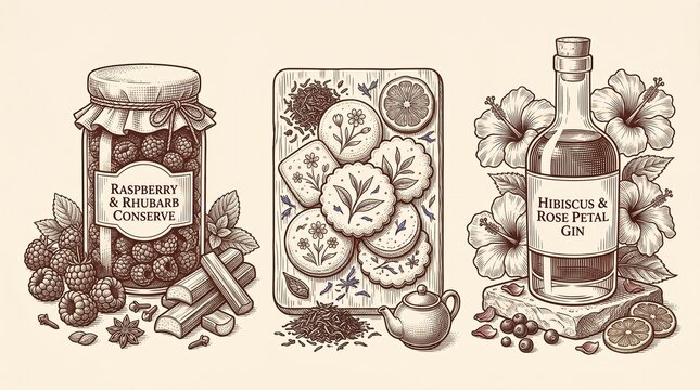 Engraved illustration of raspberry rhubarb conserve, hibiscus rose petal gin, and floral cookies on a wooden tray
