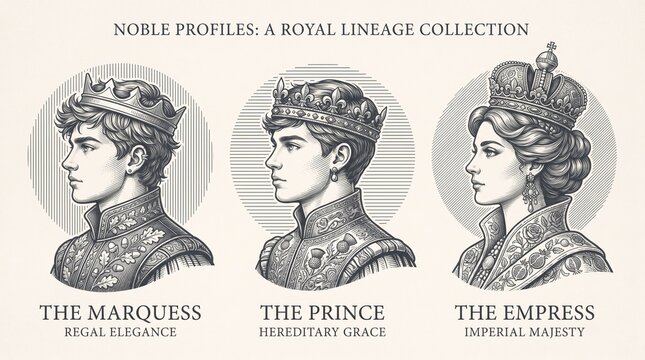 Noble profiles showcase a royal lineage with distinct figures in engraved style